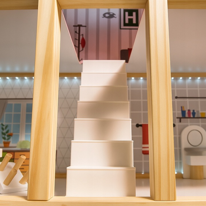 DOMEK DLA LALEK DREWNIANY LED Akcesoria Laleczki 3 Poziomy Duży Mebelki