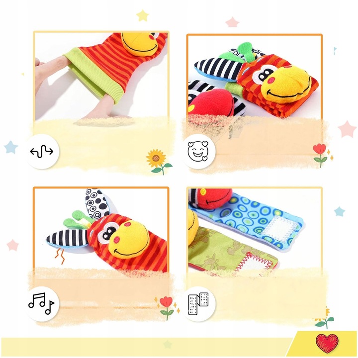 4x SKARPETKI + OPASKI 3D GRZECHOTKI SOZZY ZABAWKA SENSORYCZNA DLA NIEMOWLĄT
