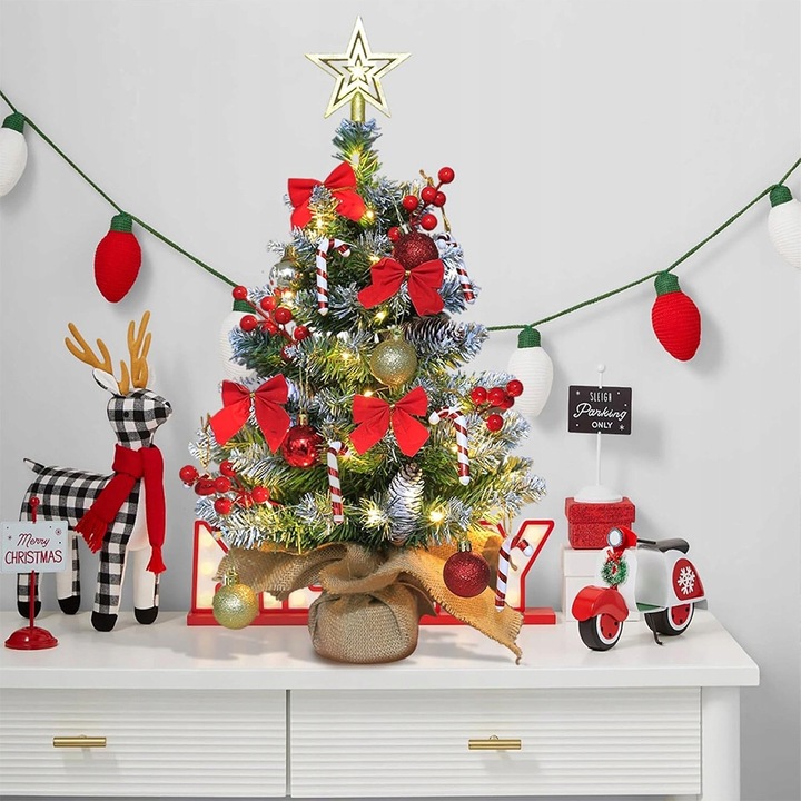 MAŁA CHOINKA NA STÓŁ Z LAMPKAMI I OZDOBAMI 60 CM DO DEKORACJI STOŁU