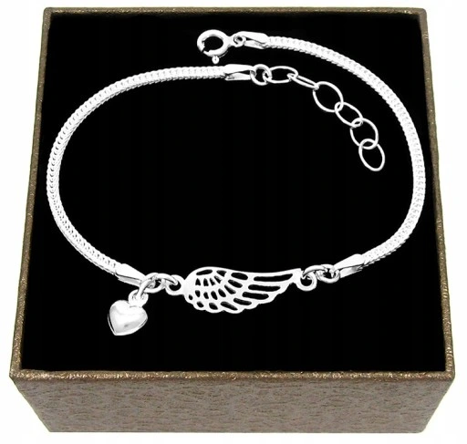 DAMSKA BRANSOLETKA SREBRNA SKRZYDŁO ANIOŁA SERDUSZKO SREBRO PRÓBY 925 B86