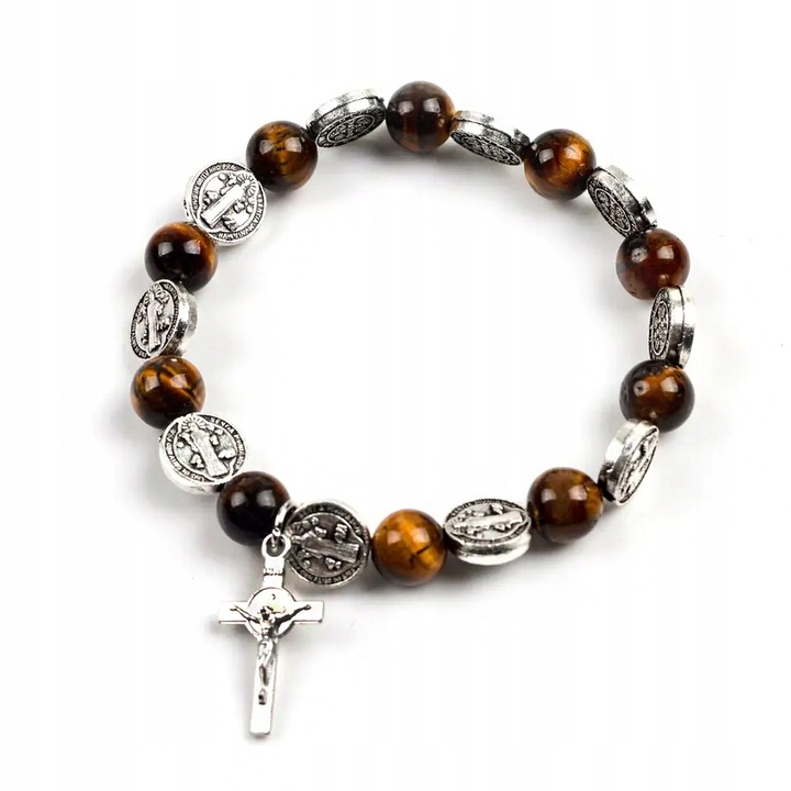 RÓŻANIEC NA RĘKĘ BRANSOLETKA Z KRZYŻYKIEM ŚW. BENEDYKT MĘSKI TYGRYSIE OKO