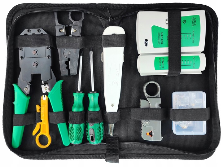 TESTER KABLI SIECIOWYCH WTYK RJ45 ZESTAW NARZĘDZI ŚCIĄGACZ ZACISKARKA LAN3