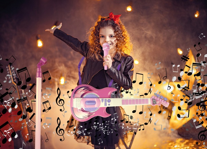 GITARA ELEKTRYCZNA ROCKOWA Z MIKROFONEM NA STATYWIE KARAOKE DLA DZIECI