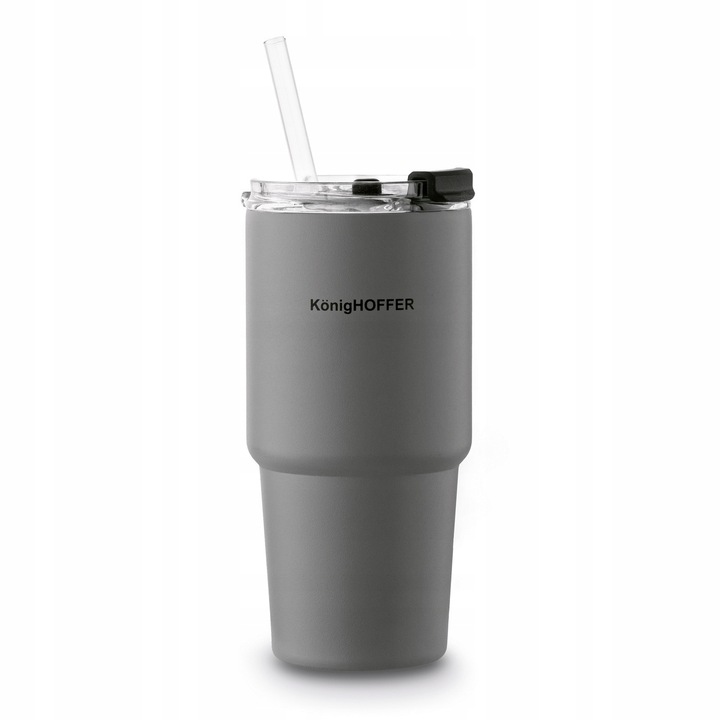 KUBEK TERMICZNY ze słomką poręczny PRÓŻNIOWY SZARY Konighoffer Davos 420 ml