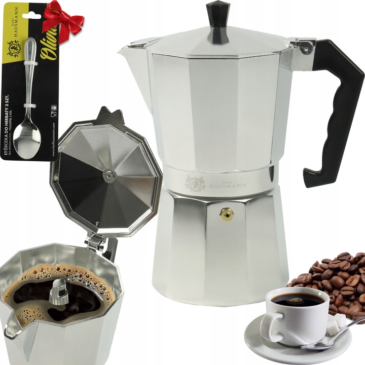 KAWIARKA ALUMINIOWA 450 ml 9 filiżanek SREBRNA DO KAWY + GRATIS