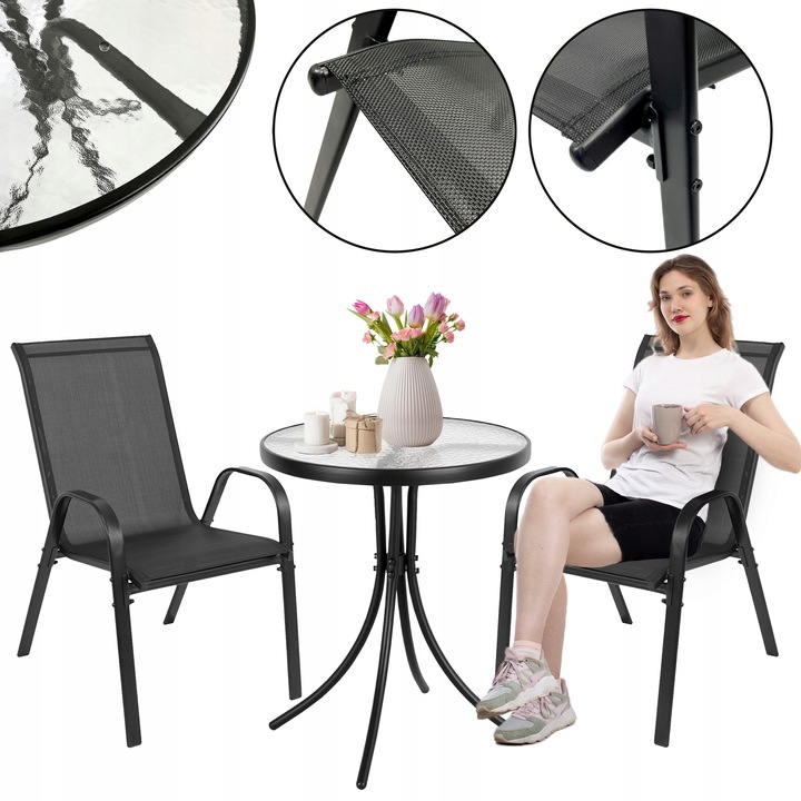 KOMPLET MEBLI BALKON OGRÓD TARAS STÓŁ + 2x KRZESŁA TERNI 60 MI CZARNY