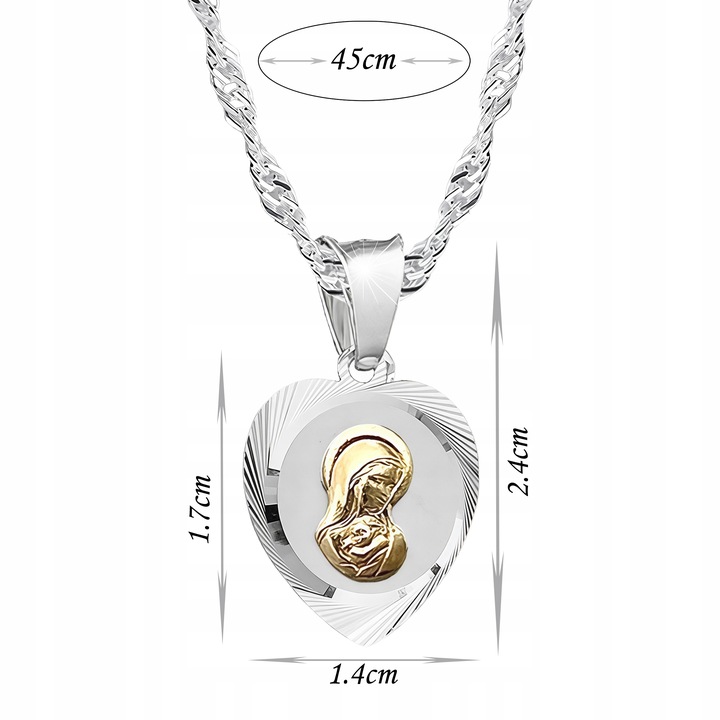 Zestaw Srebrny Łańcuszek i Medalik Serce Matka Boska Chrzest Komunia 45 cm