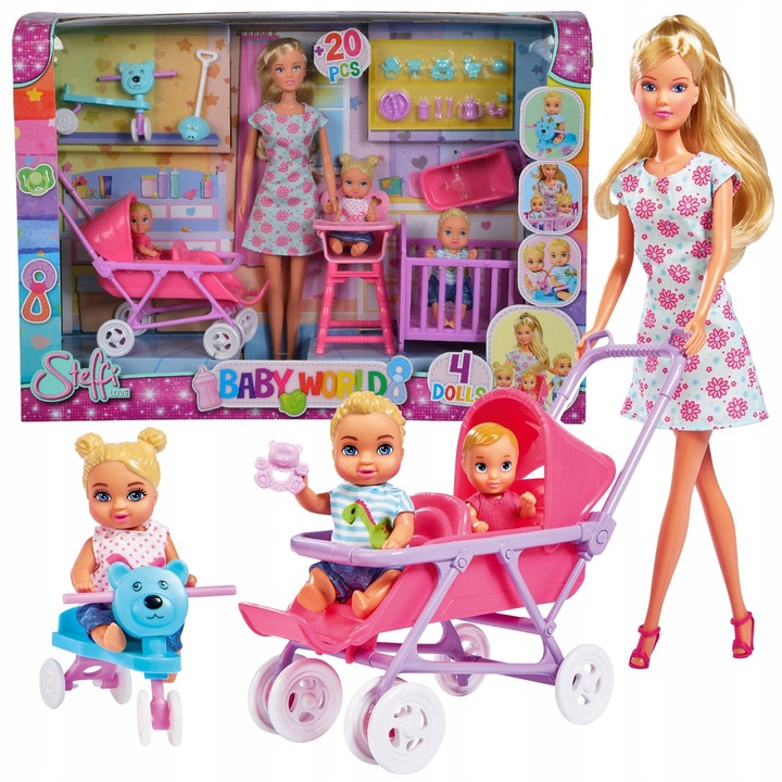 STEFFI DUŻY ZESTAW DZIECIĘCY POKÓJ LALKA BOBASY + WÓZEK ŁÓŻECZKO DLA LALEK