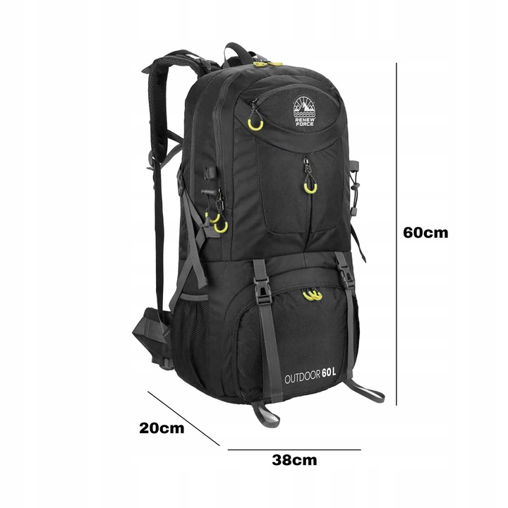 PLECAK TURYSTYCZNY TREKKINGOWY 60L GÓRSKI W GÓRY MĘSKI DAMSKI MOCNY CZARNY
