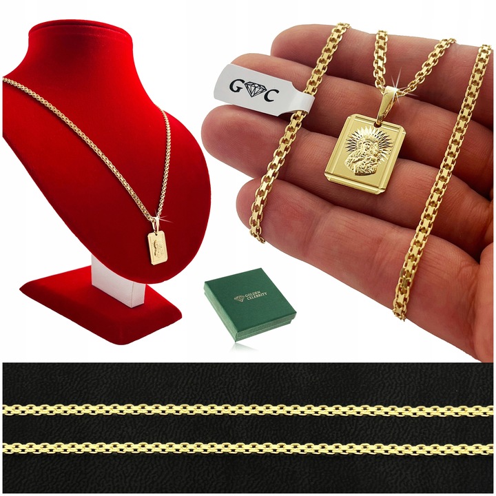 ZŁOTY ŁAŃCUSZEK Z MEDALIKIEM, SREBRO 925/585, DLA CHŁOPCA NA KOMUNIĘ+GRAWER