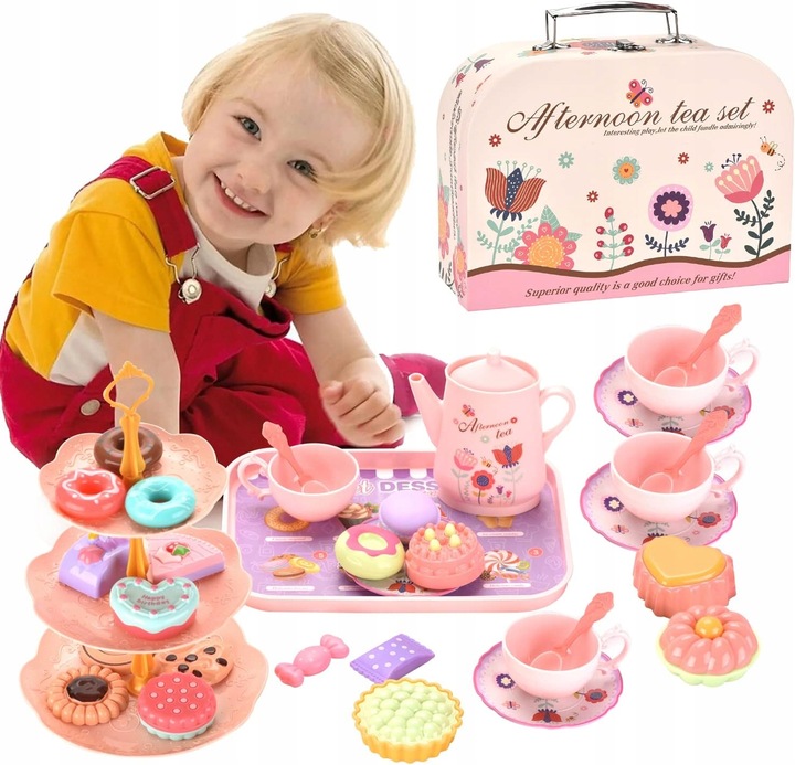 SERWIS KAWOWY ZESTAW do herbaty dla dzieci w walizce czajnik łyżki 40el