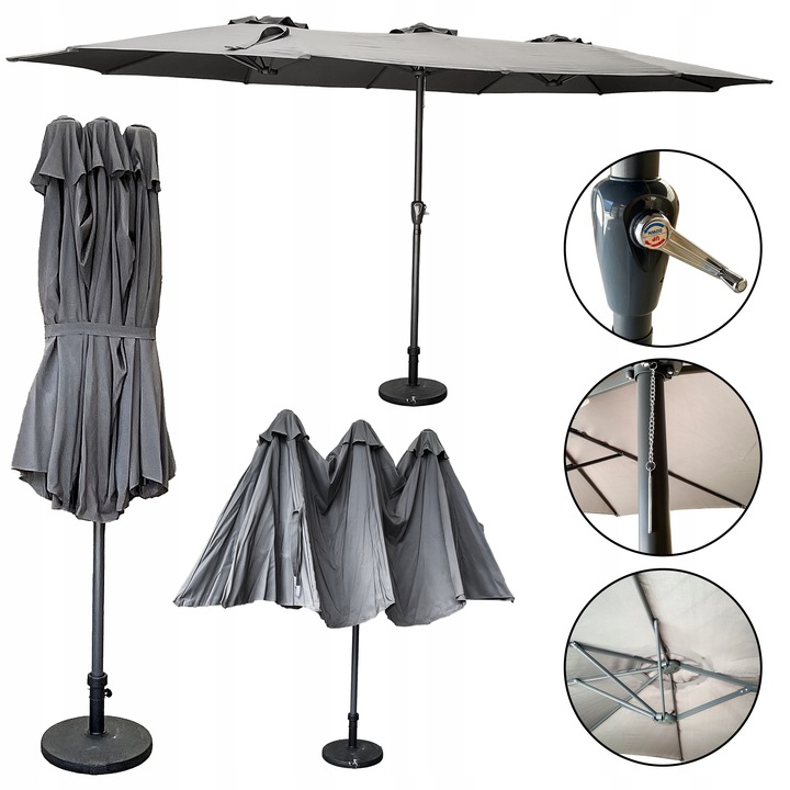 PODWÓJNY PARASOL OGRODOWY PRZECIWSŁONECZY Z KORBKĄ POKROWIEC PHOENIX SZARY