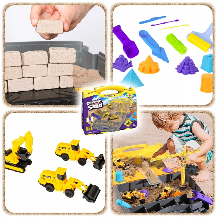 ZESTAW KONSTRUKCYJNY PIASEK KINETYCZNY DŹWIG POJAZDY BUDOWLANE DLA DZIECI