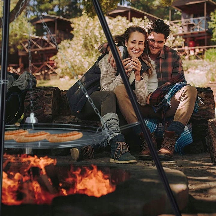 PALENISKO TRÓJNÓG GRILL OGRODOWY OGNISKOWY WISZĄCY DUŻY RUSZT CHROMOWANY 50