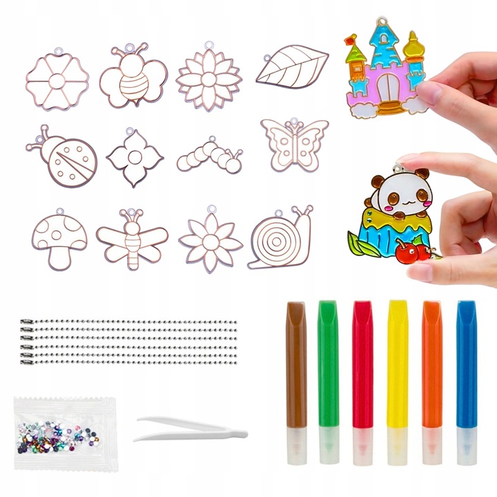 ZESTAW DO ROBIENIA BRELOCZKÓW dla dzieci DIY breloczki 12 szablonów 12 farb