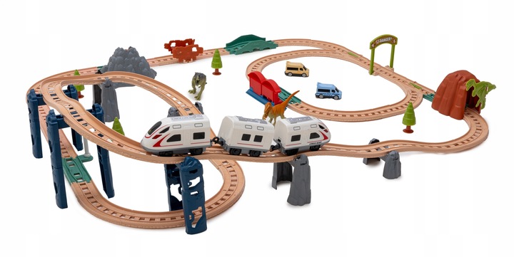 Interaktywna KOLEJKA elektryczna DŹWIĘKI pociąg wagony zwrotnice dinozaury