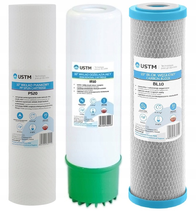 USTM BL10 + PS20 + IR10 ZESTAW WKŁADÓW FILTR WĘGLOWY PIANKOWY ODŻELAZIAJĄCY