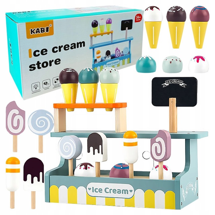 LODZIARNIA DLA DZIECI WITRYNA Z LODAMI STOISKO DREWNIANY SKLEPIK DLA DZIECI