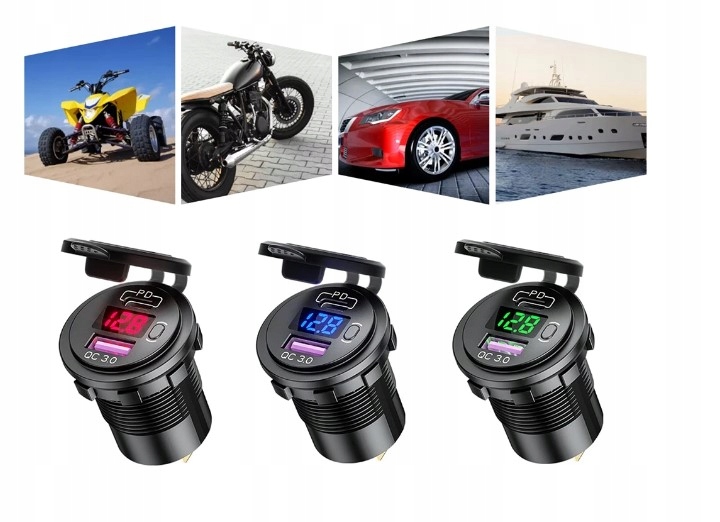 ŁADOWARKA SAMOCHODOWA USB QC3.0 + PD USB C WOLTOMIERZ PRZYCISK ON/OFF