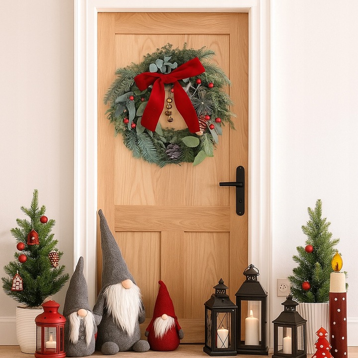 Wianek na drzwi świąteczny z czerwoną kokardą wieniec Altom Design 32 cm