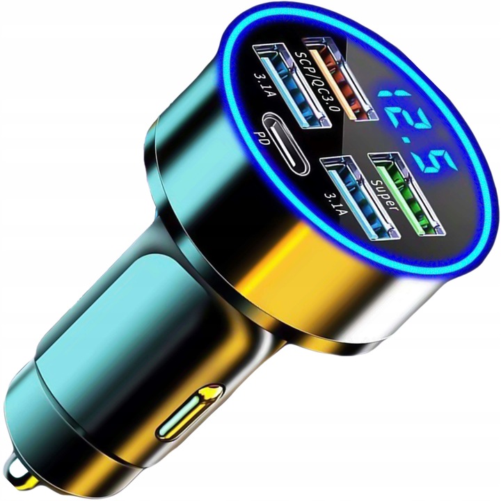 SZYBKA ŁADOWARKA SAMOCHODOWA 120W 4xUSB QC 3.0 + USB-C TYP C PD 20W CZARNA