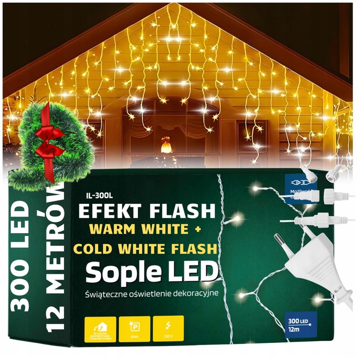 SOPLE ZEWNĘTRZNE LAMPKI LED 300LED 12M FLASH BIAŁE CIEPŁE GRUBY PRZEWÓD