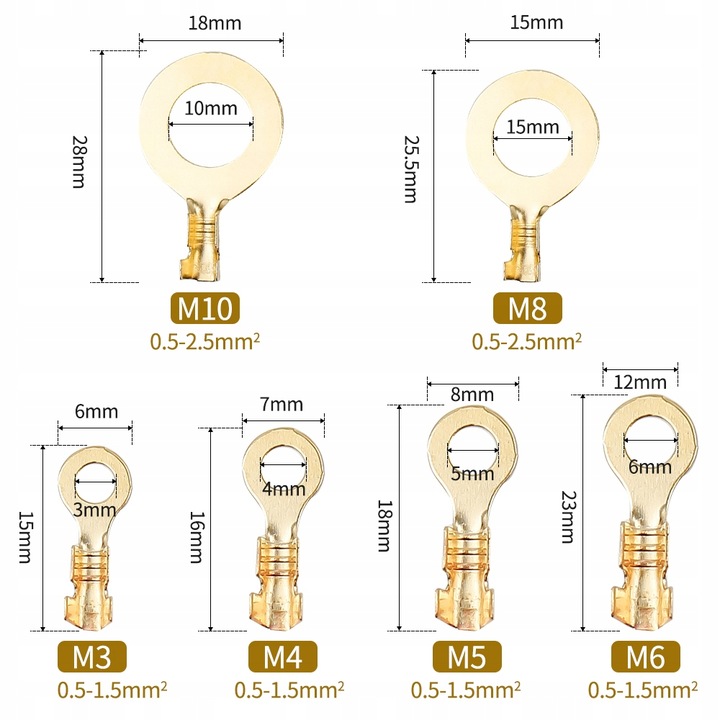 150 SZTUK Konektory Oczkowe Nieizolowane Kablowe Zestaw M3 M4 M5 M6 M8 M10