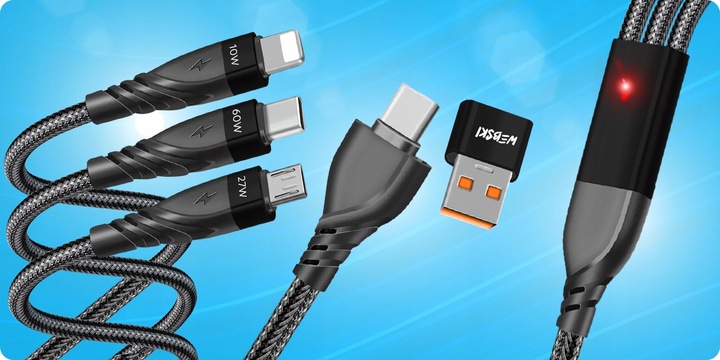 ŁADOWARKA SAMOCHDOWA DO TELEFONU 4xUSB A QC3.0 / USB C 20W KABEL 3W1 60W