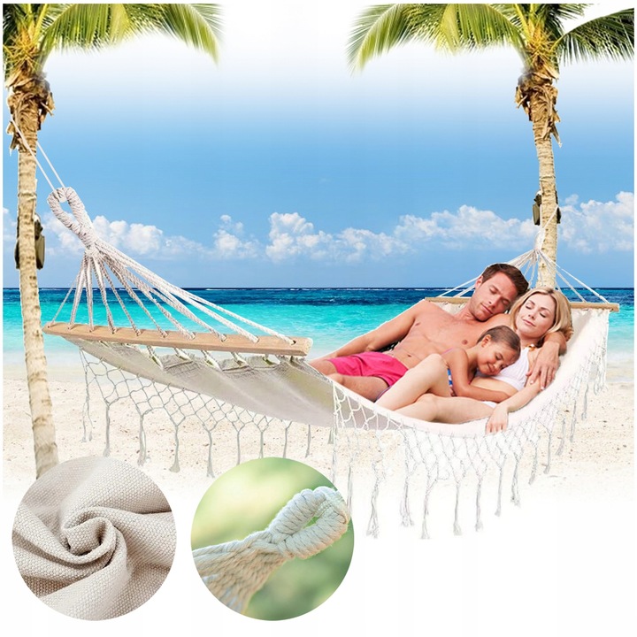 HAMAK OGRODOWY BOHO MAKRAMOWY DRĄŻEK PAŁĄK JEDNOOSOBOWY POKROWIEC BEŻOWY