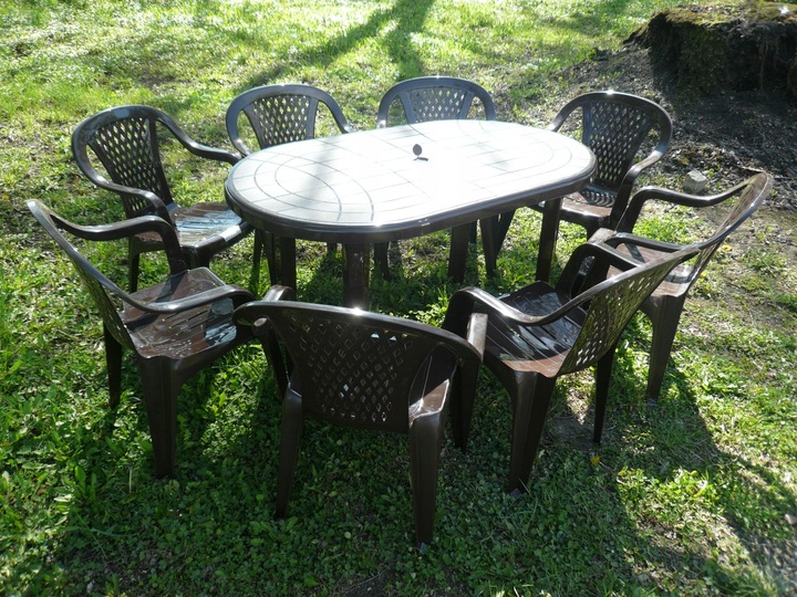 MOCNY BRĄZOWY ZESTAW 8+1 KRZESŁA DUŻY STÓŁ OGRÓD