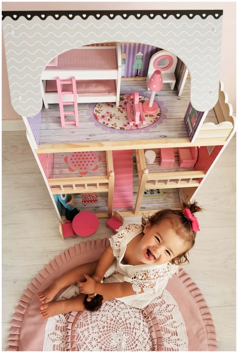 Domek dla Lalek Drewniany Duży Oświetlenie LED Mebelki 3 Poziomy - XL 90cm