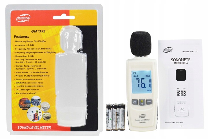 SONOMETR DECYBELOMIERZ CYFROWY MIERNIK NATĘŻENIA POZIOMU DŹWIĘKU HAŁASU LCD