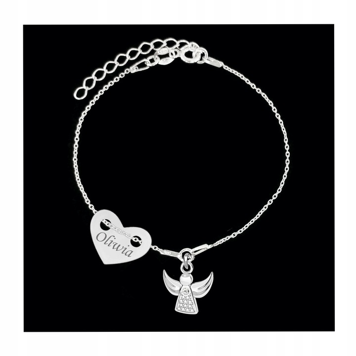 Bransoletka Komunia Grawer Aniołek + Serce Srebro 925 Dedykacja Imię Data