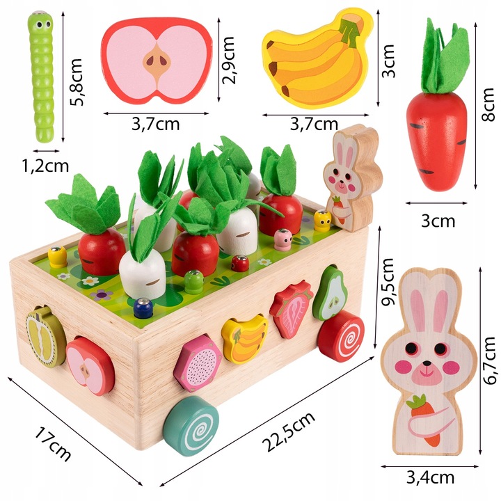 Układanka Montessori Sorter Klocków Złap Robaczka Drewniany Wózek Marchewki