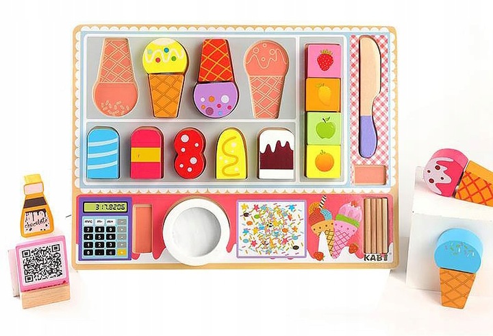 DREWNIANA LODZIARNIA SKLEP STOISKO Z LODAMI GAŁKI LODY NA PATYKU DLA DZIECI