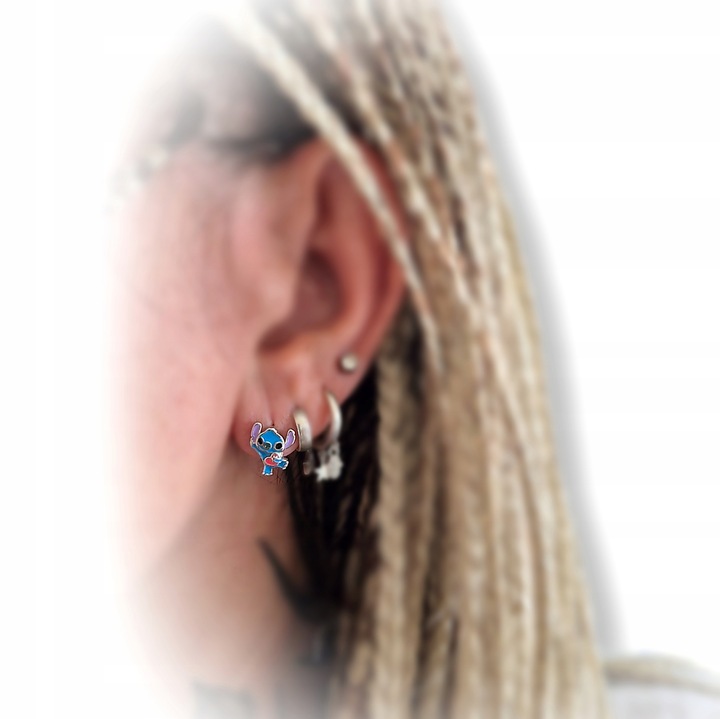 Pr.925 Srebrne bajkowe kolczyki Stich z serduszkiem -HIT kolorowy Stitch