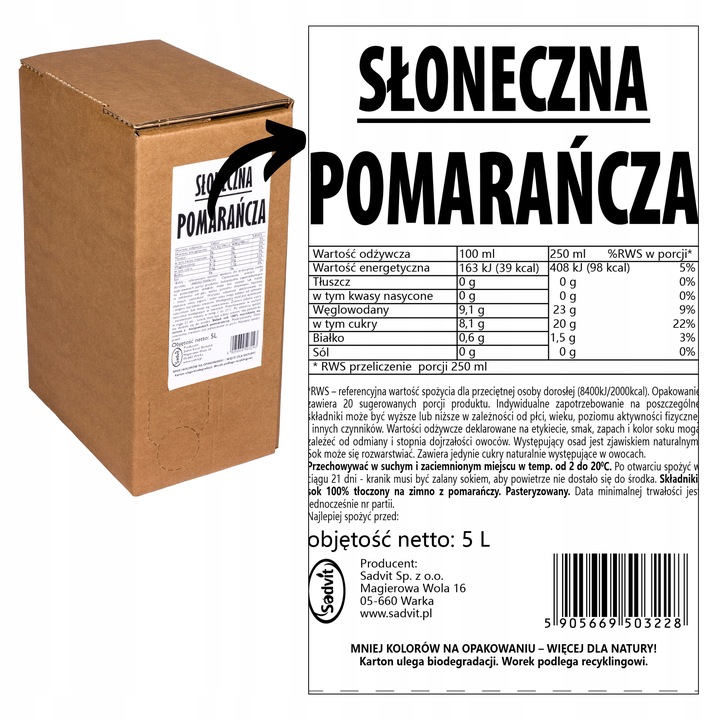 Sok z pomarańczy 100% pomarańczowy NFC pomarańcz tłoczony 5L do drinków