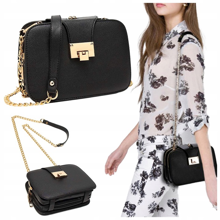 Torebka Damska KUFEREK Czarna Pojemna Elegancka na Łańcuszku Usztywniana