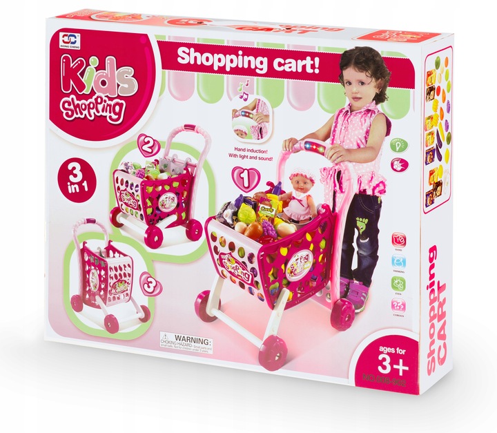 WÓZEK NA ZAKUPY KOSZYK SKLEPOWY DLA DZIECI LED 3w1