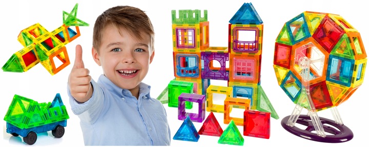 KLOCKI MAGNETYCZNE 3D budynki pojazdy podwozie ZESTAW Magnetic Tiles 80 el.