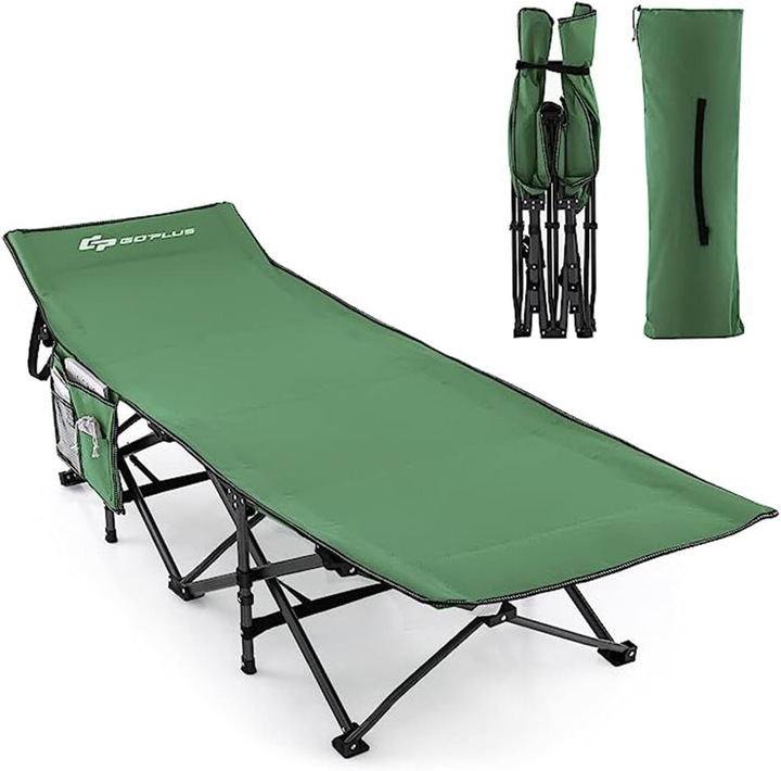 Łóżko polowe składane z ściętym zagłówkiem i kieszenią zielone