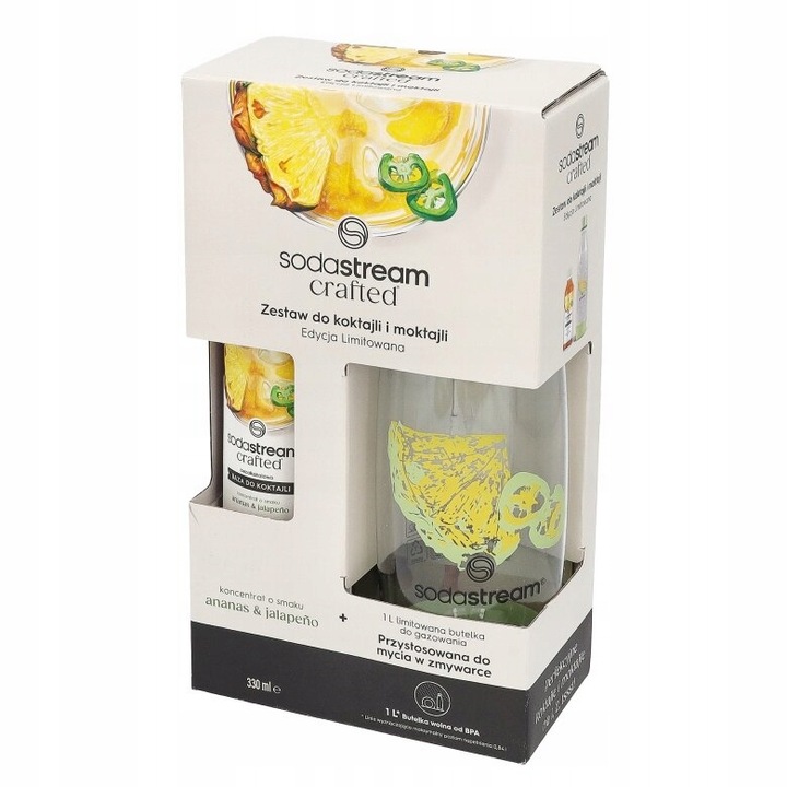 Baza do koktajli SodaStream Ananas Jalapeno 330ml + Butelka 1l + książka