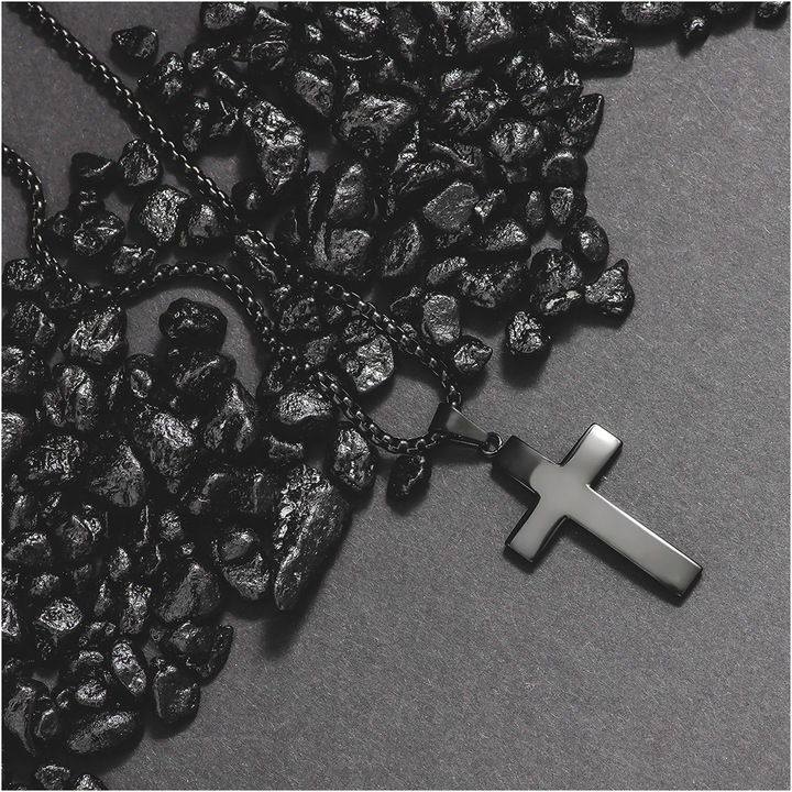 Naszyjnik z krzyżem męski stal chirurgiczna czarny splot grawer BLINGART