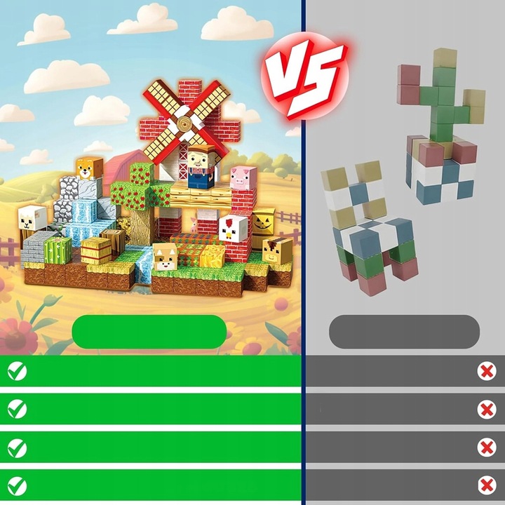 KLOCKI MAGNETYCZNE KLOCKI SZEŚCIANY FARMA 150 KLOCKÓW PIKSELE DLA DZIECI