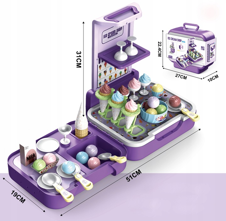 LODZIARNIA CUKIERNIA Zestaw w walizce 3w1 lody sklep kuchnia budka z lodami