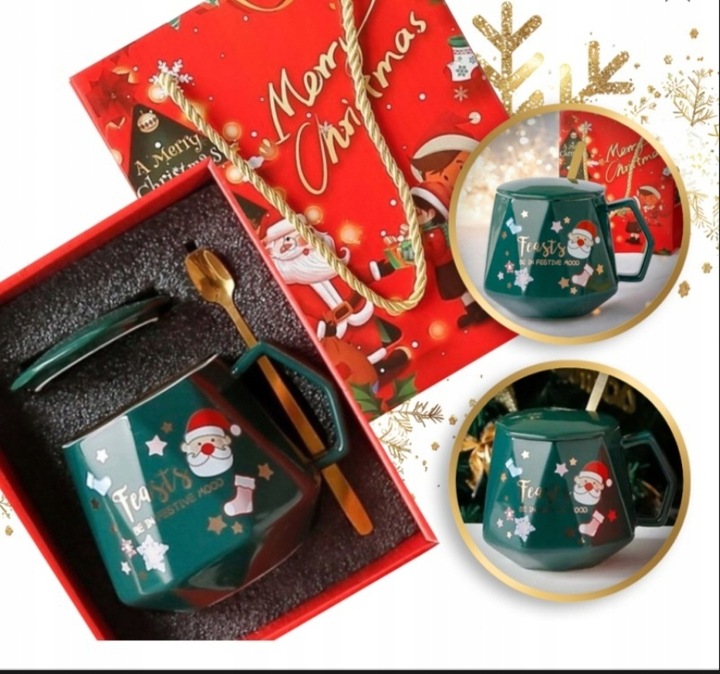 KUBEK ŚWIĄTECZNY - zestaw w pudełku z pokrywką i łyżeczką 225 ml, zielony