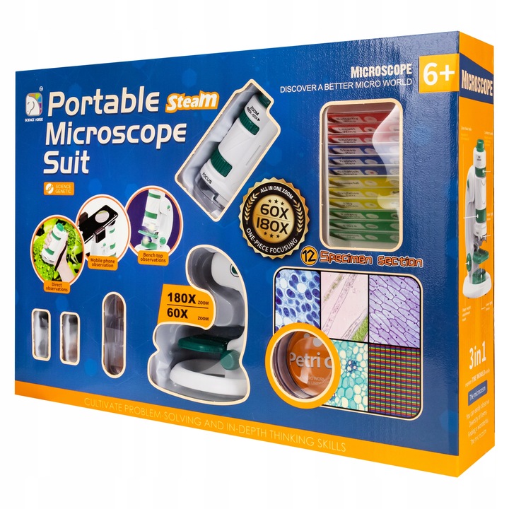 MIKROSKOP EDUKACYJNY DLA DZIECI 2W1 LABORATORIUM 60X/180X + AKCESORIA