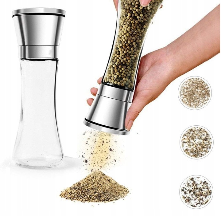 RĘCZNY Szklany Młynek do Pieprzu i Soli 2szt DUŻY Pojemnik + STOJAK