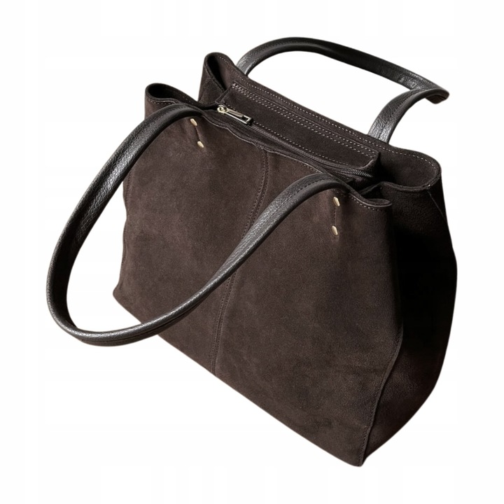 Czekoladowa zamszowa torebka A4 shopper ciemny brąz ZAMSZ Vera Pelle