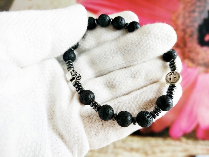 Bransoletka męska RÓŻANIEC na rękę LAWA WULKANICZNA św.Benedykt 174L